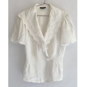 Vtg Linen Eyelet Wrap Top S